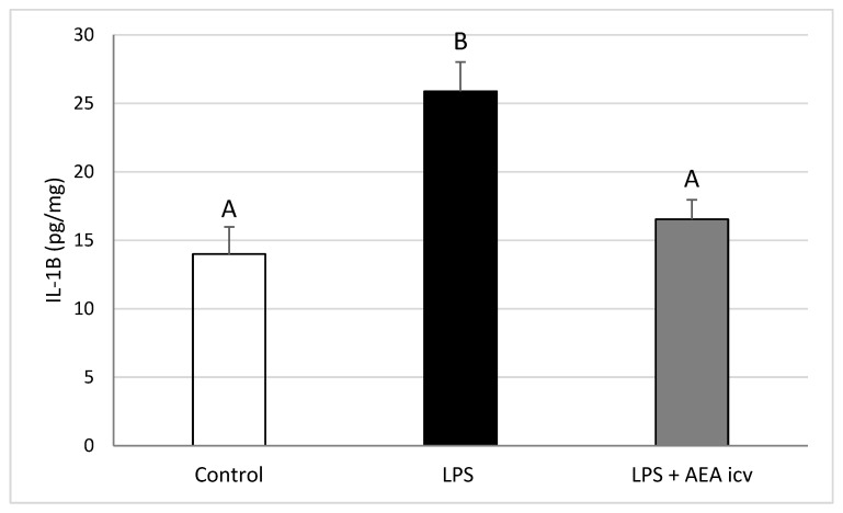 Effect of lipopolysaccharide (LPS; 100 ng/kg, IV) and anandamide (AEA; 100 µM/animal, ICV) injections on Interleukin -1β (IL-1β) concentration in the preoptic area (POA). Data are presented as mean ± S.E.M. (n = 6 animals per group). Significant differences are indicated by different capital letters (one-way ANOVA followed by Tukey’s post hoc test). Statistical significance was stated when p < 0.05 (Control vs. LPS p = 0.001097; LPS vs. LPS + AEA ICV p = 0.005727).