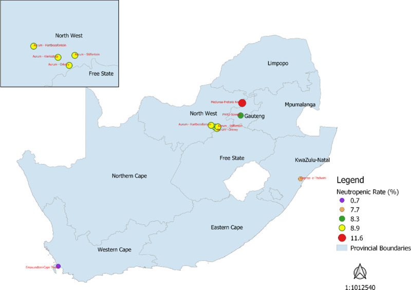 Prevalence rates of BEN in each HVTN 503 clinical research site and its representative area.Medunsa-Pretoria (red circle), PHRU-Soweto (green circle), Aurum-KOSH (yellow circles), d) Caprisa-eThekwini (orange circle), Emavundleni-Cape Town (purple circle).