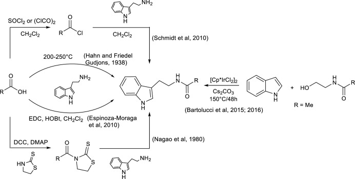 Some synthetic strategies reported in the literature for the production of N-acyl tryptamines.