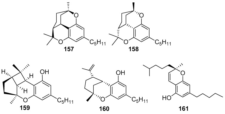 Structures of (−) cannabicitran (157), (+)-cannabicitran (158), cannabicyclol (159), Δ8-iso-cis-THC (160), and tetrahydrocannabichromene (161).