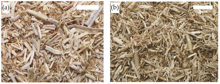Image of (a) untreated and (b) chemically treated shives.
