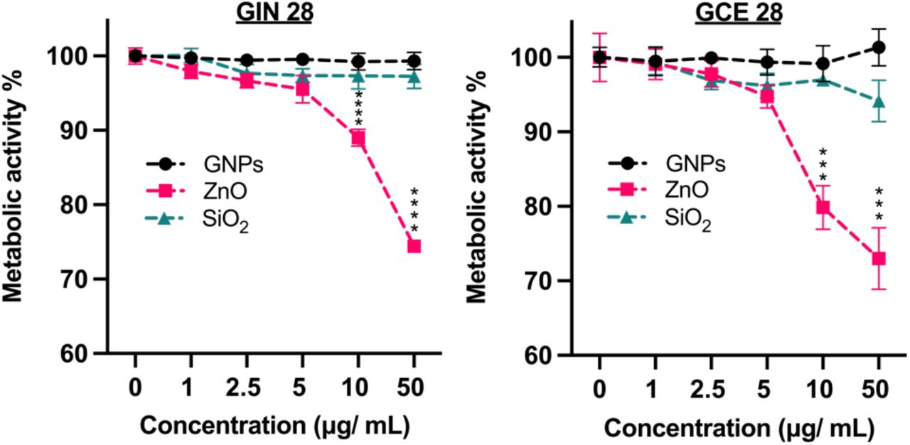 In vitro toxicity of inorganic NPs. Patient-derived GBM cells (A) GIN 28 and (B) GCE 28 were incubated with increasing concentration of GNPs, SiO2 and ZnO NPs for 4 hours, before changing the media containing the NPs with fresh media. Metabolic activity was determined 48 hours after changing the media, the experiment was run in triplicate, and fluorescence at 590 nm is expressed as % of control (no NPs). Results are expressed as the mean ± S.D. *P < 0.05; **P < 0.01; ***P < 0.001; and ****P < 0.0001 obtained using 2-way ANOVA with a Tukey post-test.