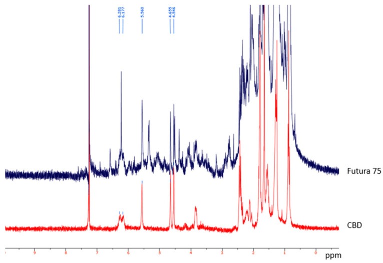 1H-NMR spectra of industrial hemp extract (blue) and cannabidiol standard solution (red). The cannabidiol protons signals are visible at 4.546, 4.655, 6.177 and 6.281 ppm and is detected in both cannabidiol standard and extract.