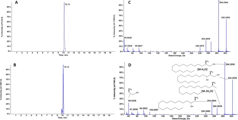 Representative chromatogram of m/z 302.3042 in a biological sample (A) and sphinganine standard (B) at 10.13 min. Characteristic MS/MS spectra of m/z 302.3042 in a biological sample (C) and sphinganine standard at 10.13 min, and fragment interpretation (D). MS/MS spectra reveal the characteristic fragmentation pattern of sphinganine. Fragment ions at m/z 284 and 266 have previously been described as a single dehydration and a double dehydration, respectively. It should be noted that the single dehydration product is much more abundant than the double dehydration product, which is also a characteristic pattern.