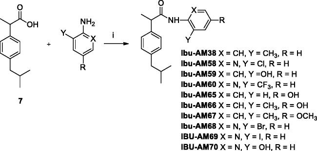 Synthetic pathway for Ibuprofen aryl- and pyridyl-amides. Reagents and conditions i) EDC, HOBt, MeCN, r.t. 36 h.