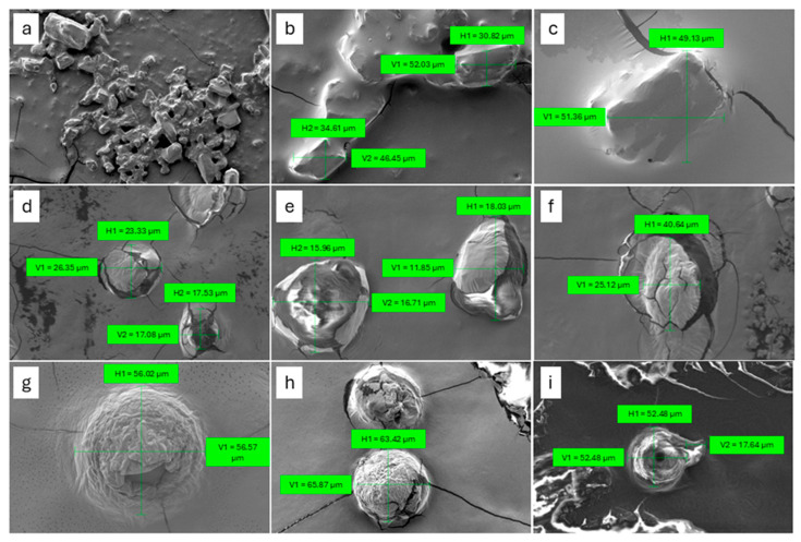 Scanning Electron Microscopy (SEM) images: (a) CBD at 100× magnification; (b) CBD at 500× magnification; (c) CBD at 1000× magnification; (d) PM showing CBD at 1000× magnification; (e) PM showing PL at 2530× magnification; (f) PM showing PL at 1000× magnification; (g) CBD-PLC at 1010× magnification; (h) CBD-PLC at 500× magnification; (i) CBD-PLC at 500× magnification.