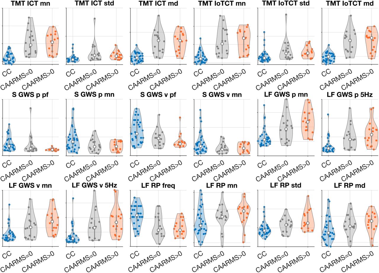 Distributions of summary statistics measure values in CC (blue) and two groups of SU, CAARMS=0 (gray) and CAARMS>0 (orange). Violin plots illustrate distributions of the values, white dot shows median, gray vertical bar shows IQR (middle 50% of values), scatterplots in each violin plot show all individual values. In all plots y-axis shows z-scored values in arbitrary units.