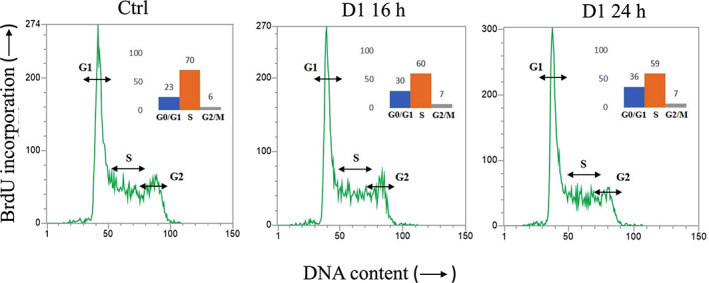 Cell cycle profile and percentage of cells in G0/G1, S and/or G2/M phase