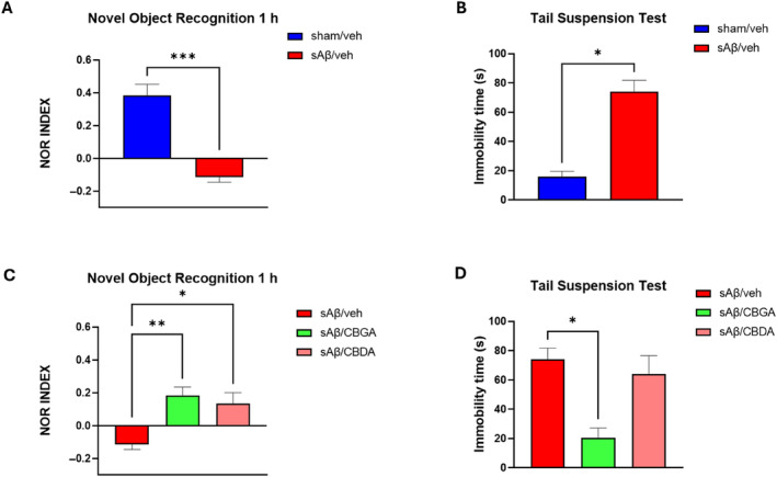Panel A: Recognition index in Aβ‐injected mice versus control mice, at 10 days postinjection in novel object recognition test. Panel B: Immobility time in Aβ‐injected mice versus control mice, at 10 days postinjection in tail suspension test. Kruskal–Wallis/Dunn's tests were used to analyze more than two experimental groups. Panel C: Effect of repeated treatment with vehicle, CBGA, and CBDA (10 mg/kg i.p.) on discrimination ability, indicated as the NOR index in the novel object recognition test at 1 h, in a model of AD induced by sAβ injection‐like behavior in the tail suspension test, in a model of AD induced by sAβ injection. The statistical analysis was performed using the Mann–Whitney's U test for two experimental groups. Each bar represents the mean, and the vertical lines indicate SEM for 4–7 mice/group.
