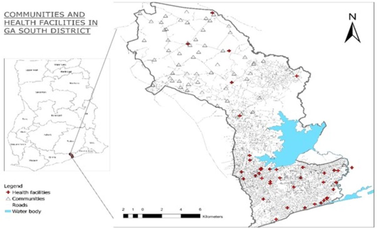 Map Showing Study Area with Water BodiesSource: Created with ArcGIS (basemap shapefile: Ghana Statistical Service: https://data.humdata.org/dataset/cod-ab-gha)