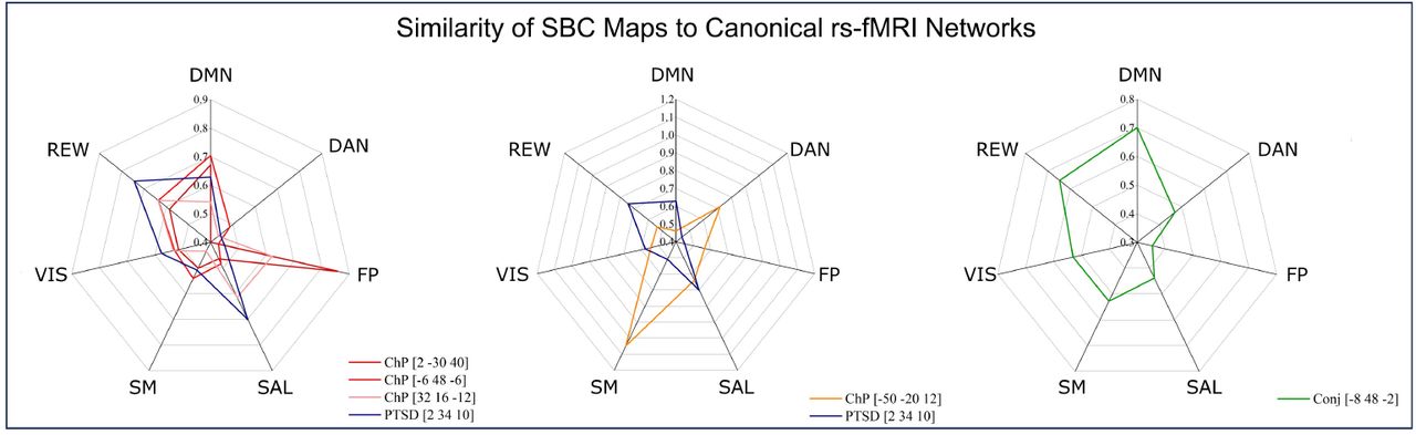 Radar charts showing the similarity between SBC maps —seeded at the peak coordinate (in brackets) of reduced regional grey matter volume from the ChP and PTSD meta-analyses and the conjunction analysis- and canonical rs-fMRI networks. For clarity, the SBC maps are displayed separately: (A) Radar chart for the ChP SBC maps and the PTSD SBC map, excluding the ChP map mapping onto the sensorimotor cortex; (B) Radar chart of the ChP and PTSD SBC maps mapping onto the sensory cortices; (C) Radar chart of the Conj analysis SBC map. Black dots indicate regions of significant overlap as determined by the null map approach. Abbreviations: SBC, seed-based functional connectivity; rs-fMRI, resting-state fMRI; ChP, chronic pain; PTSD, post-traumatic stress disorder; Conj, conjunction; SBC, seed-based functional connectivity; DMN, default mode network; DAN, dorsal attentional network; FP, frontoparietal network; SAL, salience network; SM, sensorimotor network; VIS, visual network; Reward, mesocorticolimbic/reward network.