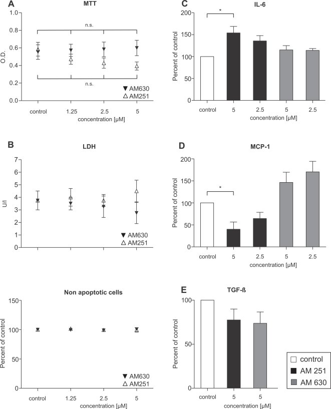Effects of cannabinoid receptor antagonism on pancreatic stellate cells.(A) MTT assays after 48 hours' incubation of PSC with graded concentrations of CB1- and CB2-receptor antagonists AM251 and AM630 (p = n.s. for concentrations of 1.25, 2.5 and 5 µM). (B) LDH in cell culture supernatants and the fraction of apoptotic cells as judged by the GuavaNexin™ test. AM251 significantly increased IL-6 (C) but decreased MCP-1 secretion (D); AM630 had no effect on IL-6 (C) but induced a tendency towards increased MCP-1 levels (D). CB1-/2-receptor antagonism did not affect TGFbeta (E). Data are shown as mean±SEM (*, p<0.05).