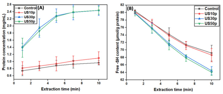 The diagram of the effects of ultrasound as a time function on the hempseed protein extraction process. The protein concentration and free sulfhydryl content changes could reflect the process of protein solubilization and disulfide bond formation. The alkaline extraction condition was set at a fixed pH of 10.0. (A) The effect of ultrasound power-time on protein extraction yield. (B) The effect of ultrasound power-time on thiol content changes. In this figure, control represents using the conventional magnetic stirring method. US10p, US30p, and US50p represent the sonication power of 11.2 W/cm2, 26.8 W/cm2, and 50.0 W/cm2, respectively. Experiments were conducted in triplicates.