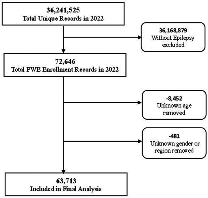 Flowchart illustrating data filtering for 2022 PWE enrollment analysis. Starting with 36,241,525 records, 36,168,879 without epilepsy were excluded. Further exclusions include 8,452 unknown ages and 481 unknown genders or regions, resulting in 63,713 records for final analysis.