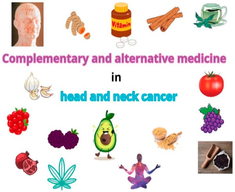 Complementary therapies in head and neck cancer: acupuncture, curcumin, black raspberry, cranberry, green tea, tomato, soybean, black rice, cinnamon, garlic, grape, pomegranate, avocado, vitamins, cannabinoids, yoga.