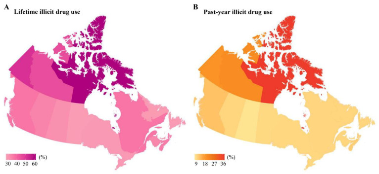 Prevalence of lifetime (A), and past-year (B) illicit drug use by province/territory in Canada.