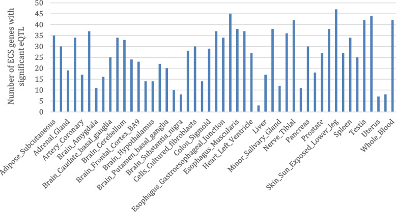 ECS genes associated with significant eQTL in different tissues. Analysis of the GTex database containing genotype and gene expression values for 47 different tissues identified variation in the number of eQTL-regulating ECS-associated genes