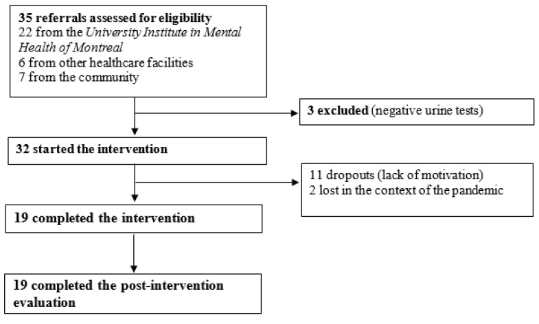 Trial profile of participants who underwent avatar intervention for CUD. There were 35 referrals provided by clinical teams and the community, 32 of whom were eligible.