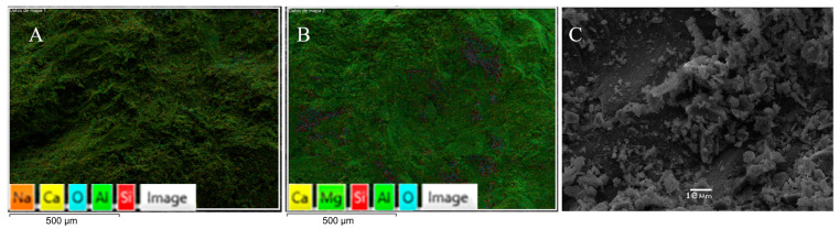 SEM of coarse aggregate ((A,B): 250 μm scale (mapping), and (C): 10 μm scale).