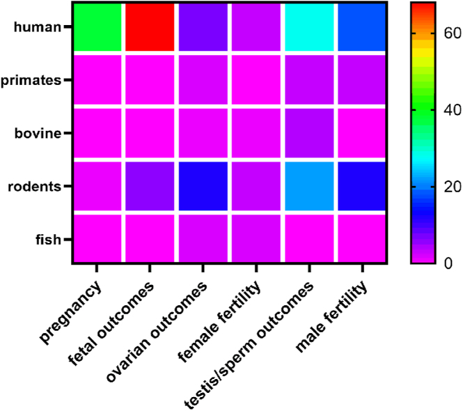 Research density heat map of areas where abundant or limited research from January 2014 to August 2024 on the effects of cannabinoids on reproductive outcomes and function. The x and y axis depict species and area of research, respectively, with density of publications depicted by colored squares. Overall, 236 studies were included. Specifically, for pregnancy/fetal outcomes, it should be noted that over 250 publications were identified in our search, but after review, only 113 were included as relevant.