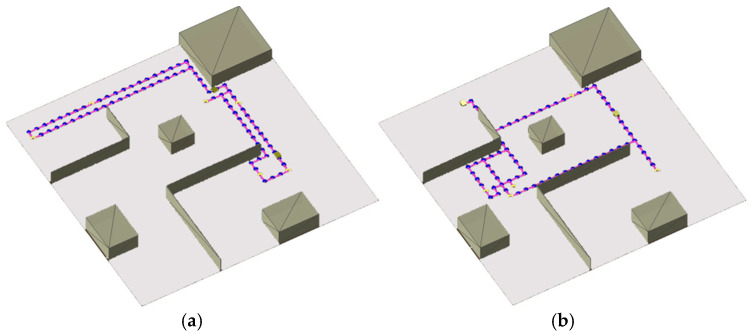 Visualisation of the first 30 m × 30 m environment used for evaluation. (a) An example of a combination of tasks, and (b) another example of a combination of tasks. The blue dots and purple lines denote the planned coordinate trajectory of the AMR, and the yellow dots denote the coordinates of interest for this trial.