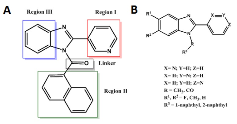 A. Regions for modification on compound 14. B. General structure of synthesized compounds.
