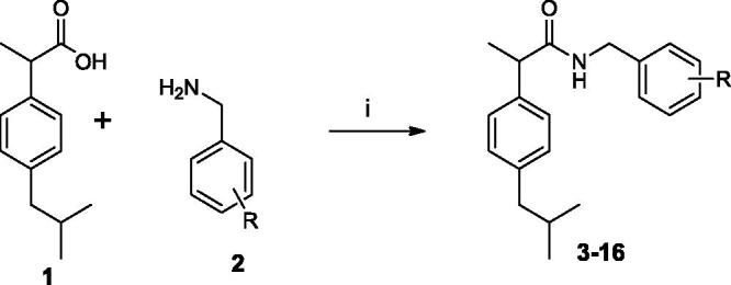 Synthesis of Ibuprofen amides 3–16. (i) EDC, OH-Bt, MeCN, r.t. 24 h.