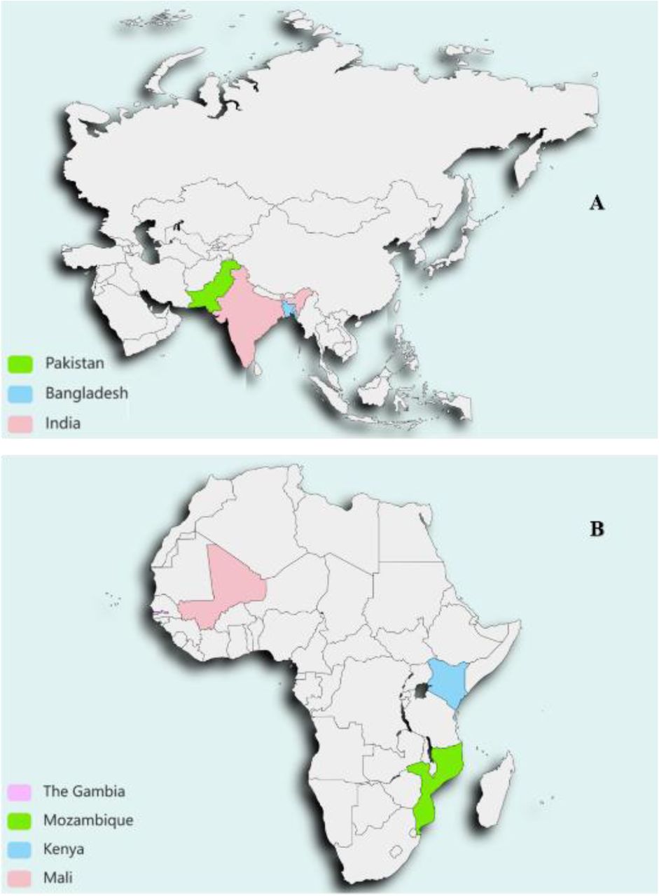 Study sites for the GEMS. A) 3 study sites in South Asia; B) 4 study sites in Sub-Saharan Africa