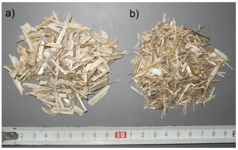 Fillers used for composites: (a) hemp shives; and (b) flax straw.