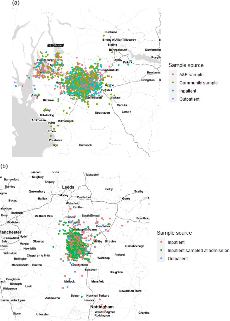 Home residence location of individuals in (a) the Glasgow dataset and (b) the Sheffield dataset, displayed by sample source (not including HCWs). Locations are analysed using only the outer postcode, and as such random jitter (within longitude and latitude of 0.05) has been added to allow display without overlap of points. Plot created using ggmap for R with map obtained from Stamen maps. For Glasgow 766 cases were included in the calibration set with estimates of τ=0.15 and β=0.0 for the geographic clustering model, whilst for Sheffield 446 cases were included in the calibration set with resulting estimates of τ=0.84 and β=0.16.