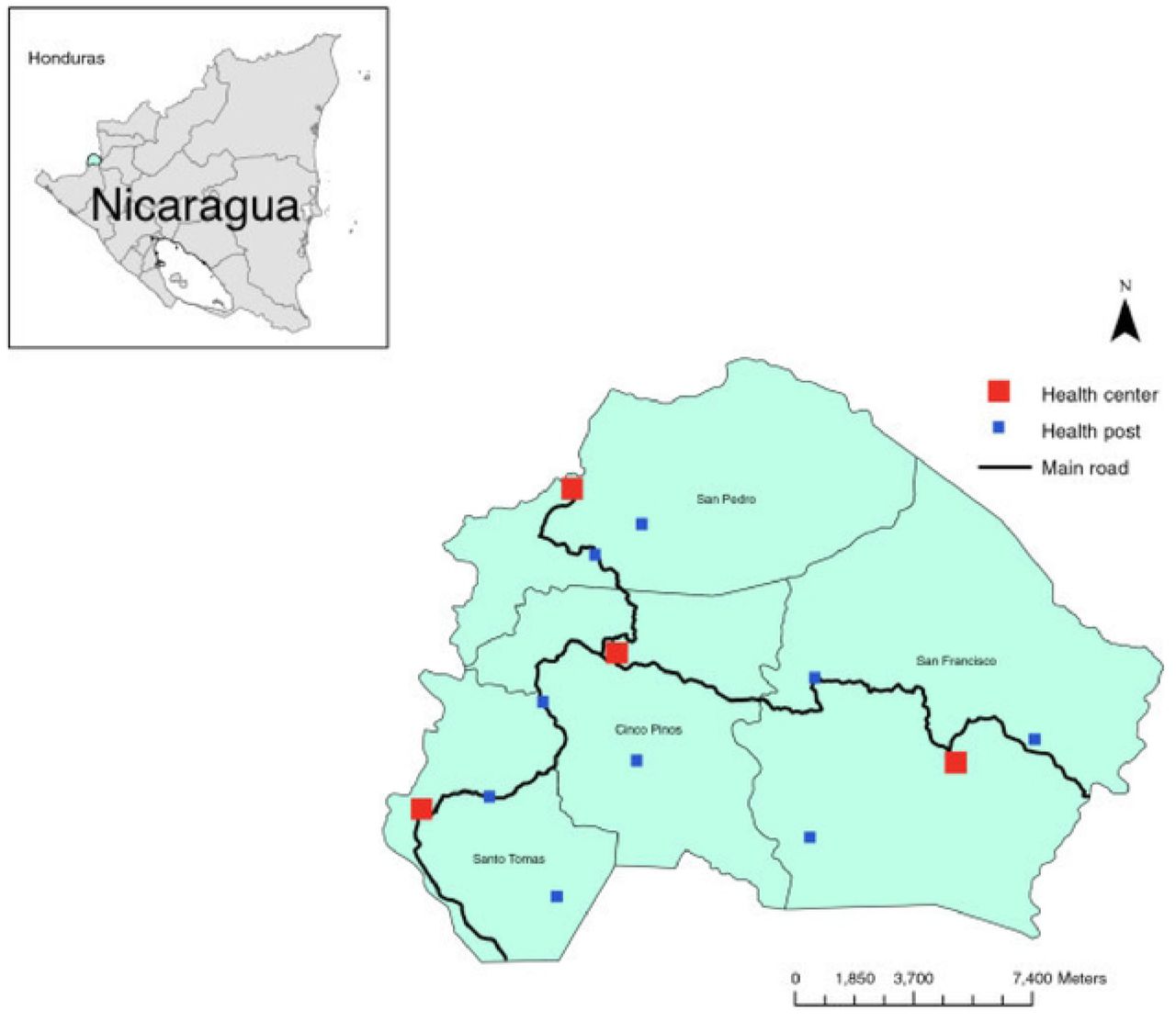 The Cuatro Santos area showing the four municipalities and health facilities. The area is marked in the inserted Nicaragua map.