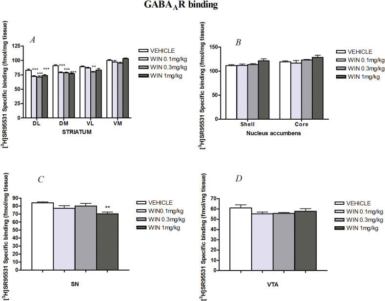 GABAA receptor binding site levels labeled with [3H]-SR955321 in (A) striatum, (B) nucleus accumbens (NAc), (C) substantia nigra (SN), and (D) ventral tegmental area (VTA) of chronically WIN55,212-2- and vehicle-treated rats. The asterisks (*) signify a statistically significant effect compared to the vehicle group: **P<.01, and ***P<.001, n=9-10.