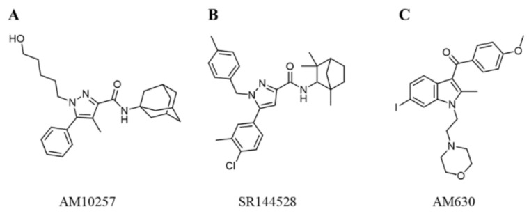 Representative chemical structures of known CB2 receptor antagonists: (A) AM10257, (B) SR144528, and (C) AM630.