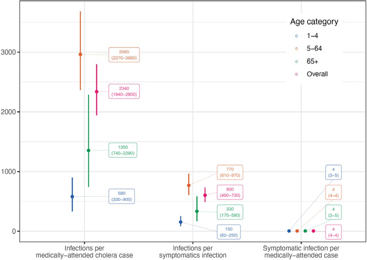 Estimates of ratios along the continuum between infections and reported medically-attended cholera cases by age group (color).
