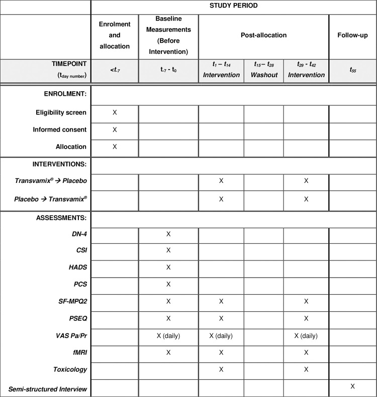 Schedule of enrolment, interventions, and assessments (SPIRIT figure).Participation duration: 64 days, or 9 weeks and 1 day. Duration of participant exposure to interventions: 14 days (placebo), 14 days (Transvamix®). DN-4: douleur neuropathique 4, CSI: central sensitization inventory, PCS: pain catastrophizing scale, SF-MPQ2: short form McGill pain questionnaire 2, PSEQ: pain self-efficacy questionnaire, VAS Pa/Pr: visual analogue scale pain/pruritus, fMRI: functional magnetic resonance imaging.