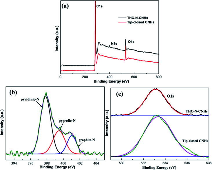 (a) The XPS spectra of THC-N-CNHs and tip-closed CNHs; (b) the high-resolution of N 1s peak from THC-N-CNHs; (c) the high-resolution of O1s peaks from THC-N-CNHs and tip-closed CNHs.