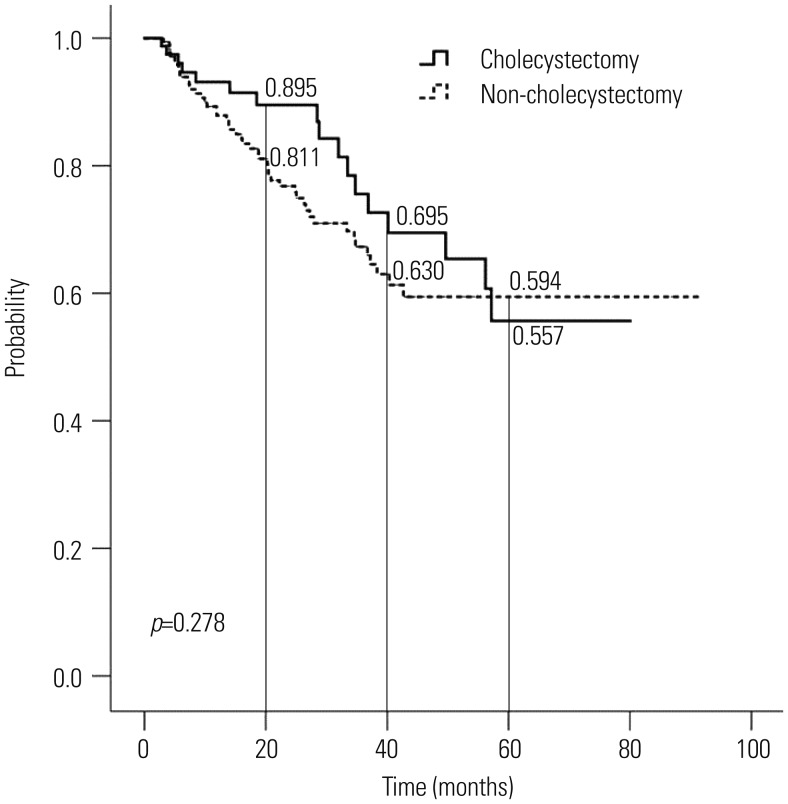 Probability of remaining free of common bile duct stone recurrence after endoscopic common bile duct stone extraction in patients who underwent cholecystectomy and those who did not, as determined by Kaplan-Meier analysis.