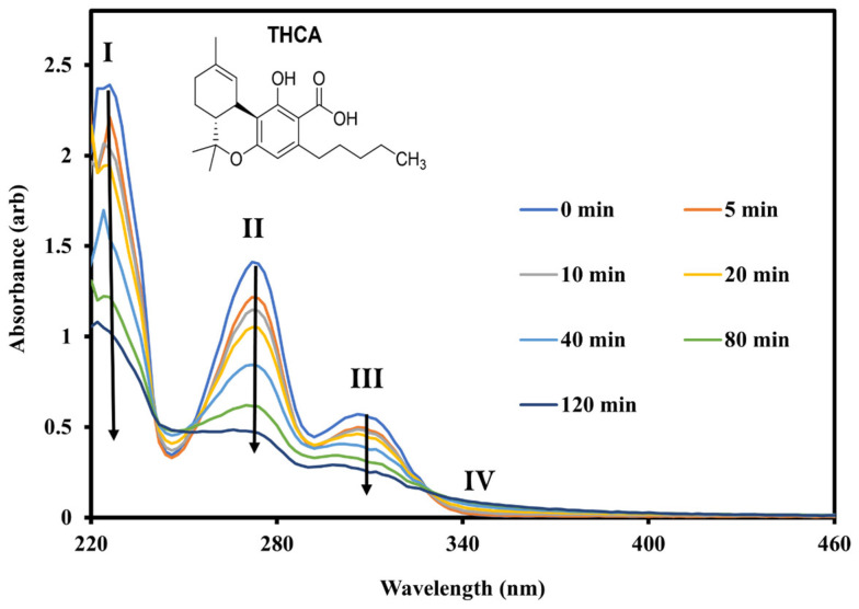 Solution-phase UV–Vis absorption spectra of THCA in ACN obtained following irradiation at 280 nm over 0–120 min. The arrows indicate the changes in the UV spectral bands upon photolysis.