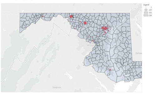 Geographic spatial analysis showing clustering of synthetic cannabinoid-related ED visits by patient residence, Maryland, 2013-2017.