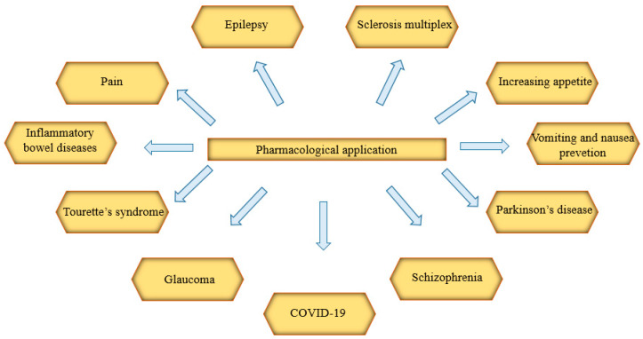 Pharmacological applications of extracts or drugs from Cannabis sp. or synthetic cannabinoids in diseases. COVID-19: coronavirus disease 2019.