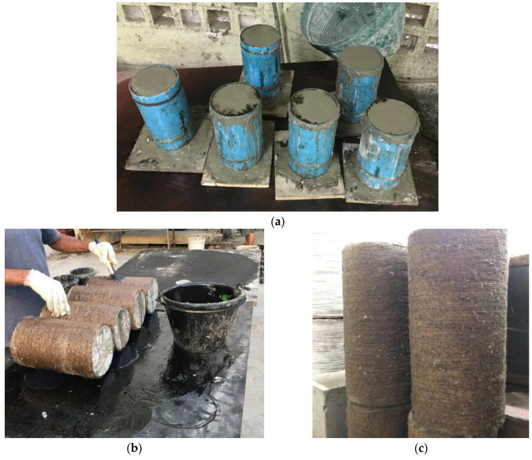 (a) Construction of specimens, (b) application of two-part epoxy and hemp ropes to cylindrical specimens, and (c) HFRP-confined specimens.