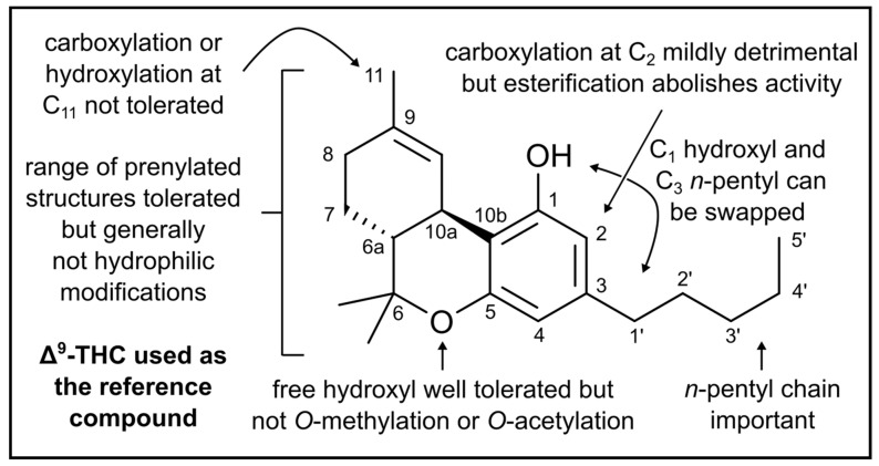 Summary of cannabinoid structure-antimicrobial activity relationships in the context of Gram-positive bacteria. Figure 3 is reproduced from Karas et al. [8], which was published under the Creative Commons Attribution 4.0 (CC BY 4.0) International License.
