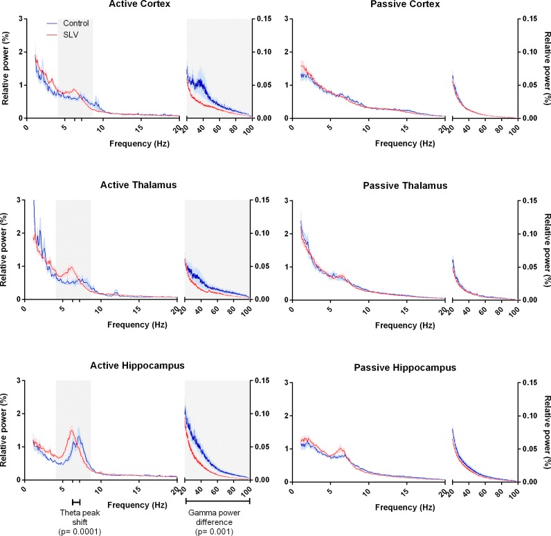 Frequency spectra of background EEG in active and passive states.Areas of interest, determined on the basis of t-profiles, are marked in grey. During activity (left side) there are clear theta peaks in SLV326 treated animals as well as controls, with a significantly lower frequency of the theta peak compared to that of the controls. Also, a decrease in relative gamma power is noticeable during activity. No such differences are present in the passive spectra.