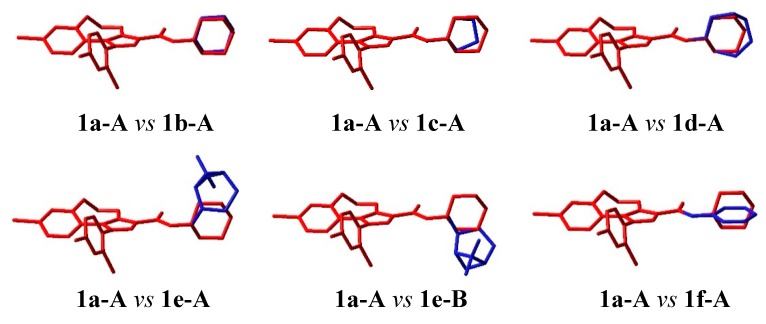 Superimposition, through the best fit of the atoms of the pyrazole ring, of 1a-A (minimum energy conformer of compound 1a) (red) with significant conformers of compounds 1b–f (blue). The hydrogen atoms are omitted for clarity.