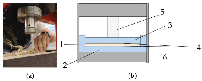 (a) Formation of mixture into the mold; (b) forming setup of hydraulic press and mold: 1—Hemp shive mass that is formed into board; 2—bottom part of the mold; 3—punch; 4—layers of non-stick paper; 5—hydraulic jack, 6—hydraulic press stand.