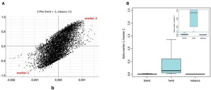 (A) Representation of all features from OPLS-DA, shown as S-plot. Marker features are indicated in squares. (B) Boxplot depicting peak area ratios between marker 1 and marker 2 in saliva samples; separated as blank, after herb smoking and after tobacco smoking (n = 24, 18, 6, respectively). Reprinted (adapted) with permission from Bijlsma et al. (2018). Copyright 2018, Springer.