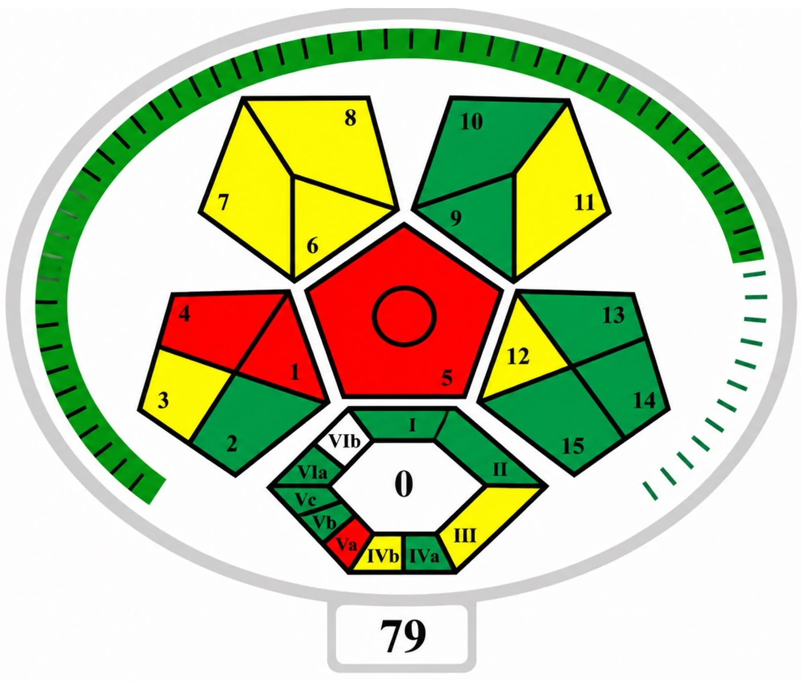 ComplexMoGAPI (version 1.0) assessment of sample preparation using AALLME-LC-MS/MS. The overall method greenness is represented by the final score (79/100) displayed at the bottom of the figure. The colored sectors represent the evaluation of the individual criteria included in the ComplexMoGAPI assessment. Green indicates good performance (high compliance with Green Analytical Chemistry principles), yellow indicates intermediate performance, and red indicates poor performance or criteria requiring improvement.