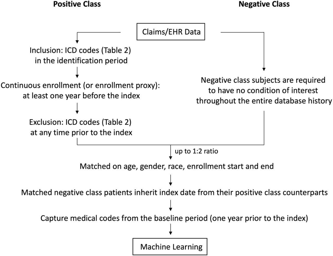 Study design and cohort selection workflow.A systematic flowchart detailing the identification and selection of positive and negative class subjects from longitudinal claims and EHR data. The process includes applying inclusion and exclusion criteria within specific identification periods, enforcing a minimum of one-year continuous enrollment prior to the index date, and implementing a matching algorithm in a ratio of up to 1:2 on age, gender, race, and enrollment start and end. Matched negative class patients inherit index date from their positive class counterparts. The final cohorts undergo temporal feature extraction from the baseline period (one year prior to the index).