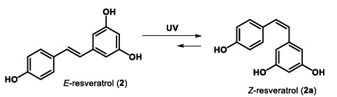 Structure of resveratrol (2) and formation of the Z isomer (2a) by the action of UV light.