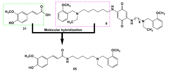 Molecular hybridization of ferulic acid and memoquin to generate compound 55 with improved neuroprotective properties.